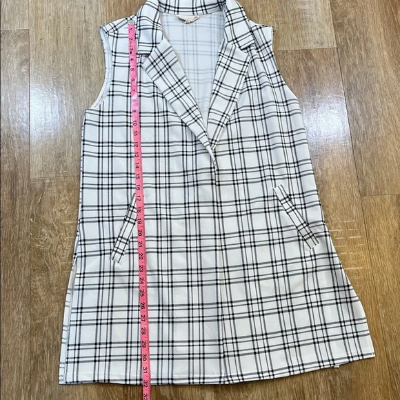 Melloday Longline Vest Windowpane Print White Black Open Front Medium M EUC - Picture 10 of 12
